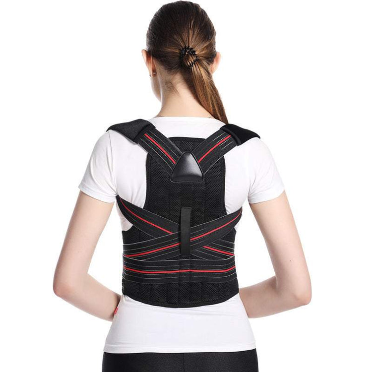 Humpback posture correction belt worn by person, adjustable straps for back support, black design