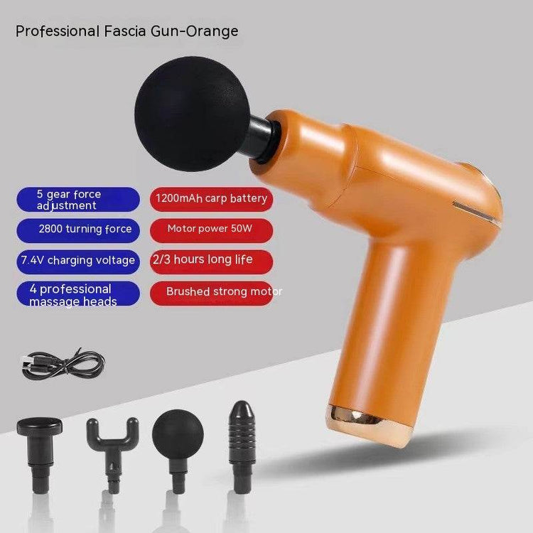 Orange household mini USB massage gun with 4 heads and adjustable 5-gear settings