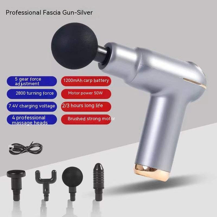 Silver mini USB massage gun with 4 interchangeable heads and 5 gear settings for household use