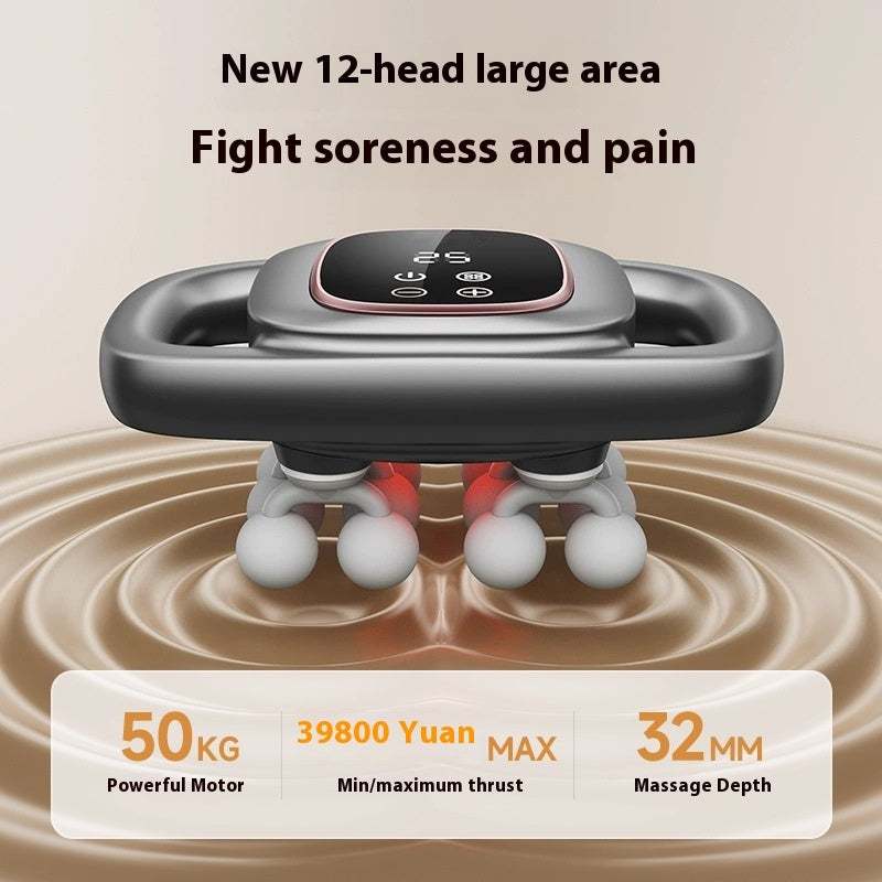 12 head massage gun with large area coverage, powerful motor, 32mm depth, and HD LCD screen for pain relief and muscle soreness.