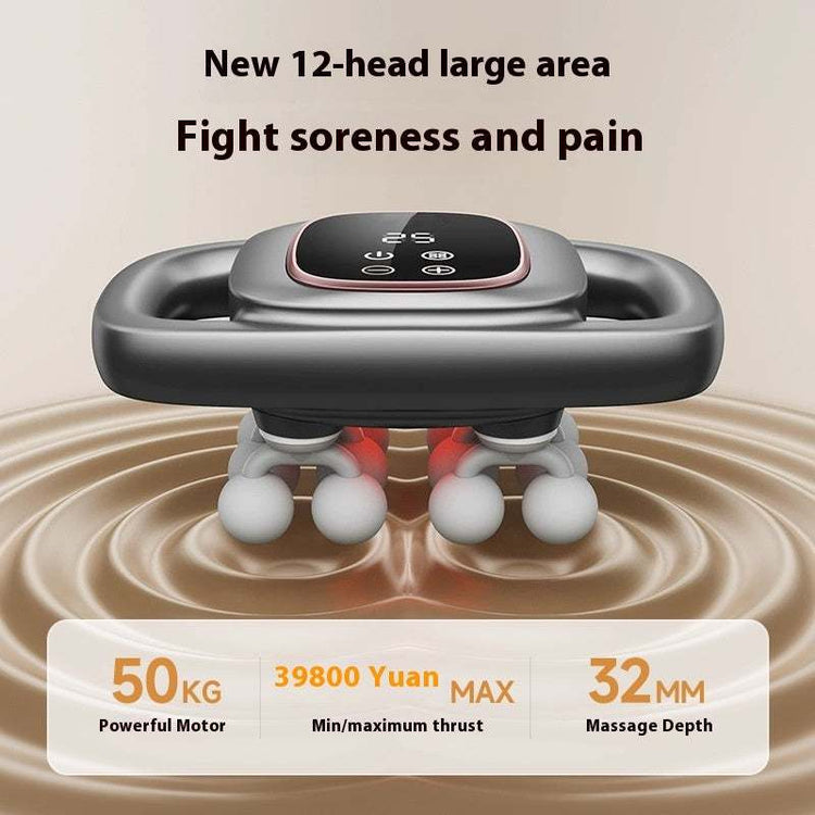 12 head massage gun with large area coverage, powerful motor, 32mm depth, and HD LCD screen for pain relief and muscle soreness.