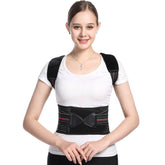 woman wearing black humpback posture correction belt on white background