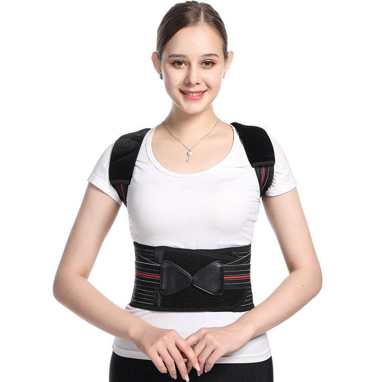 woman wearing black humpback posture correction belt on white background