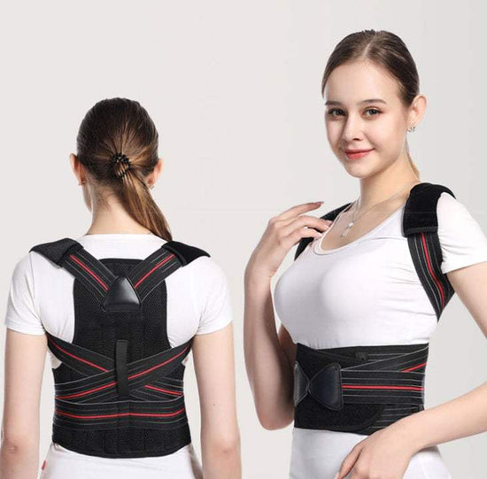 Woman wearing black humpback posture correction belt with red accents shown from front and back views