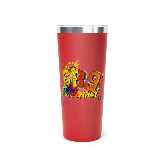 22oz red copper vacuum insulated tumbler with colorful 689 Fahrenheit design and stainless steel lid