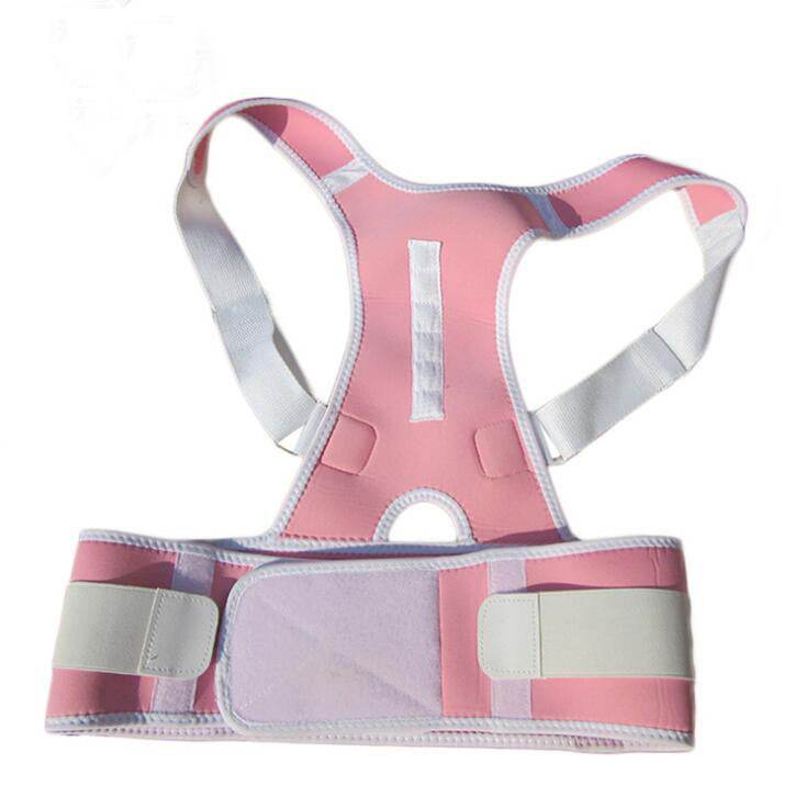 Pink neoprene posture adjustment belt with shoulder and back support straps for improved posture and pain relief