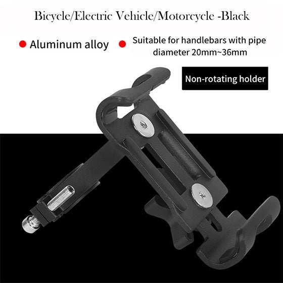 Black aluminum alloy mobile phone mount for mountain bike handlebars with 20-36mm pipe diameter, non-rotating holder.
