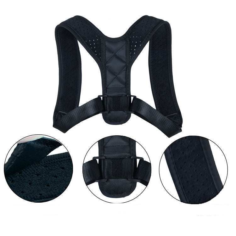 Black adjustable back posture correction belt made of polyester fiber with detailed close-up views