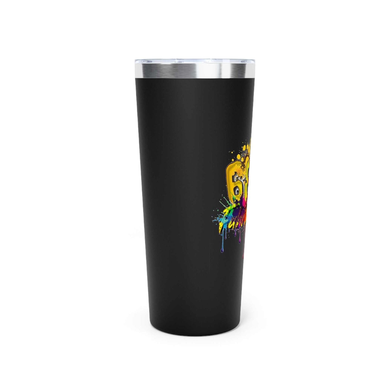 22oz black copper vacuum insulated tumbler with colorful 689 Fahrenheit design and clear lid