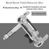 Silver aluminum alloy mobile phone mount for bicycles and motorcycles with non-rotating holder, fits 20mm-36mm handlebars