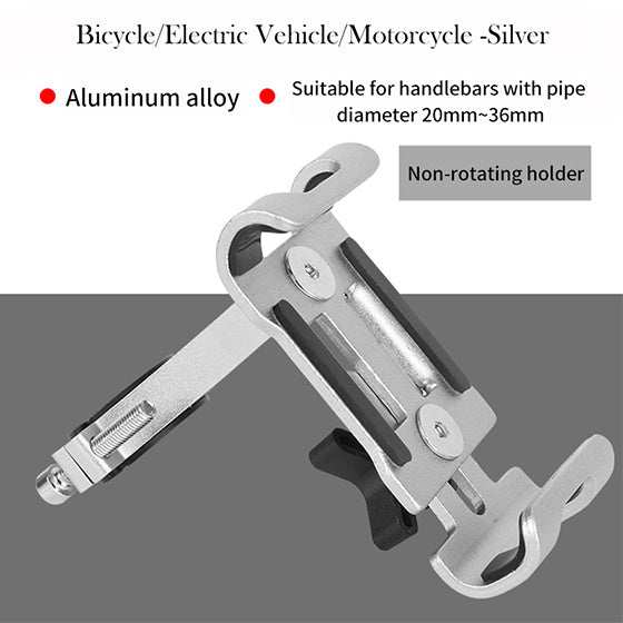 Silver aluminum alloy mobile phone mount for bicycles and motorcycles with non-rotating holder, fits 20mm-36mm handlebars