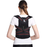 Humpback posture correction belt worn by person, adjustable straps for back support, black design
