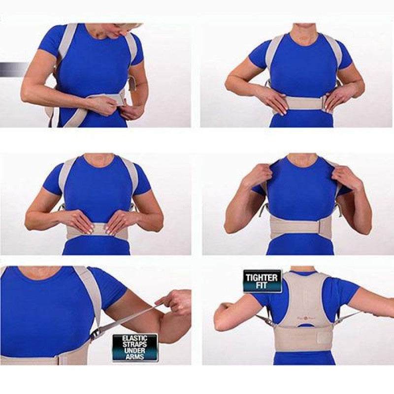 Woman demonstrating adjustable sitting posture correction belt with elastic straps and tighter fit options in flesh color