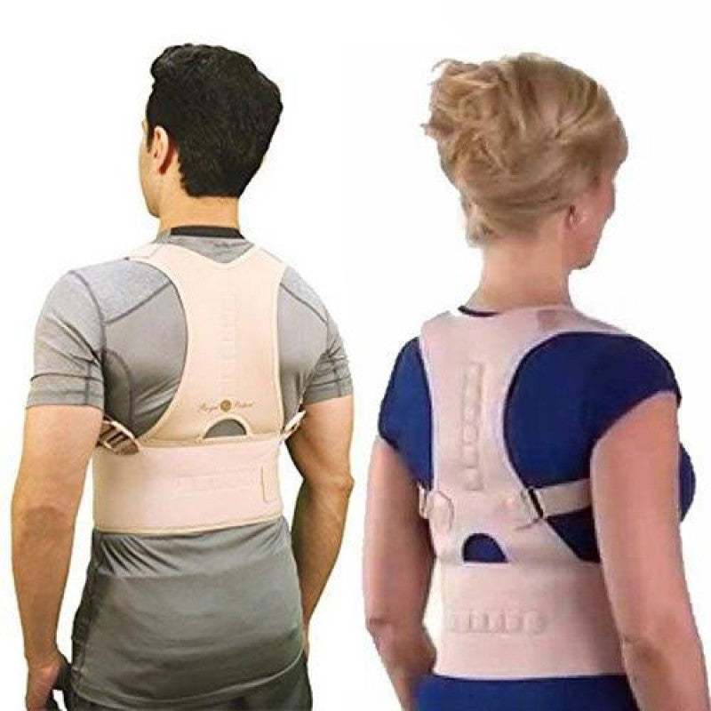 Sitting posture correction belt in flesh color worn by man and woman for back support
