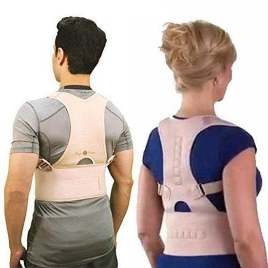 Sitting posture correction belt in flesh color worn by man and woman for back support