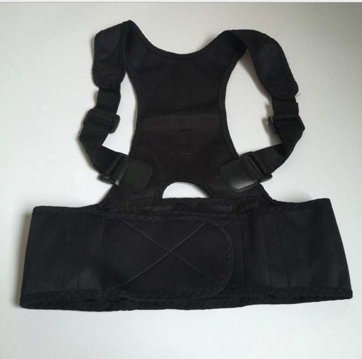 Black sitting posture correction belt made of diving cloth with adjustable straps and nylon webbing