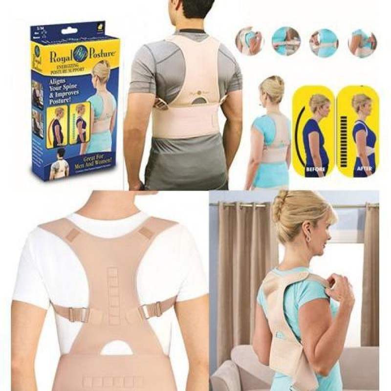Sitting posture correction belt in flesh and black colors worn by man and woman to improve spine alignment and posture