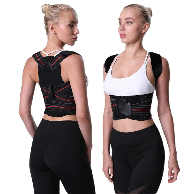 Woman wearing black humpback posture correction belt for back support and posture improvement