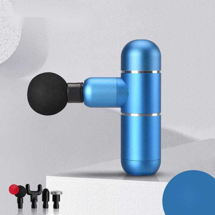 Compact blue Mini Fascia Gun massage gun with black round head and four interchangeable massage attachments for muscle relaxation