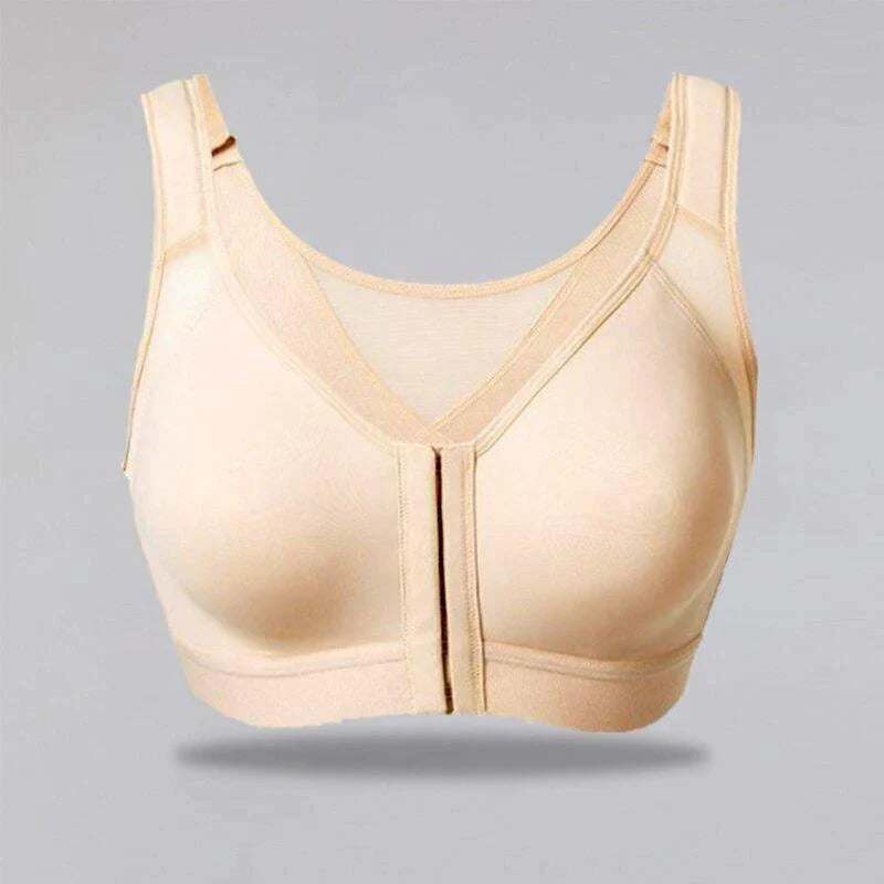 Beige posture correcting push-up bra with front closure and wide straps