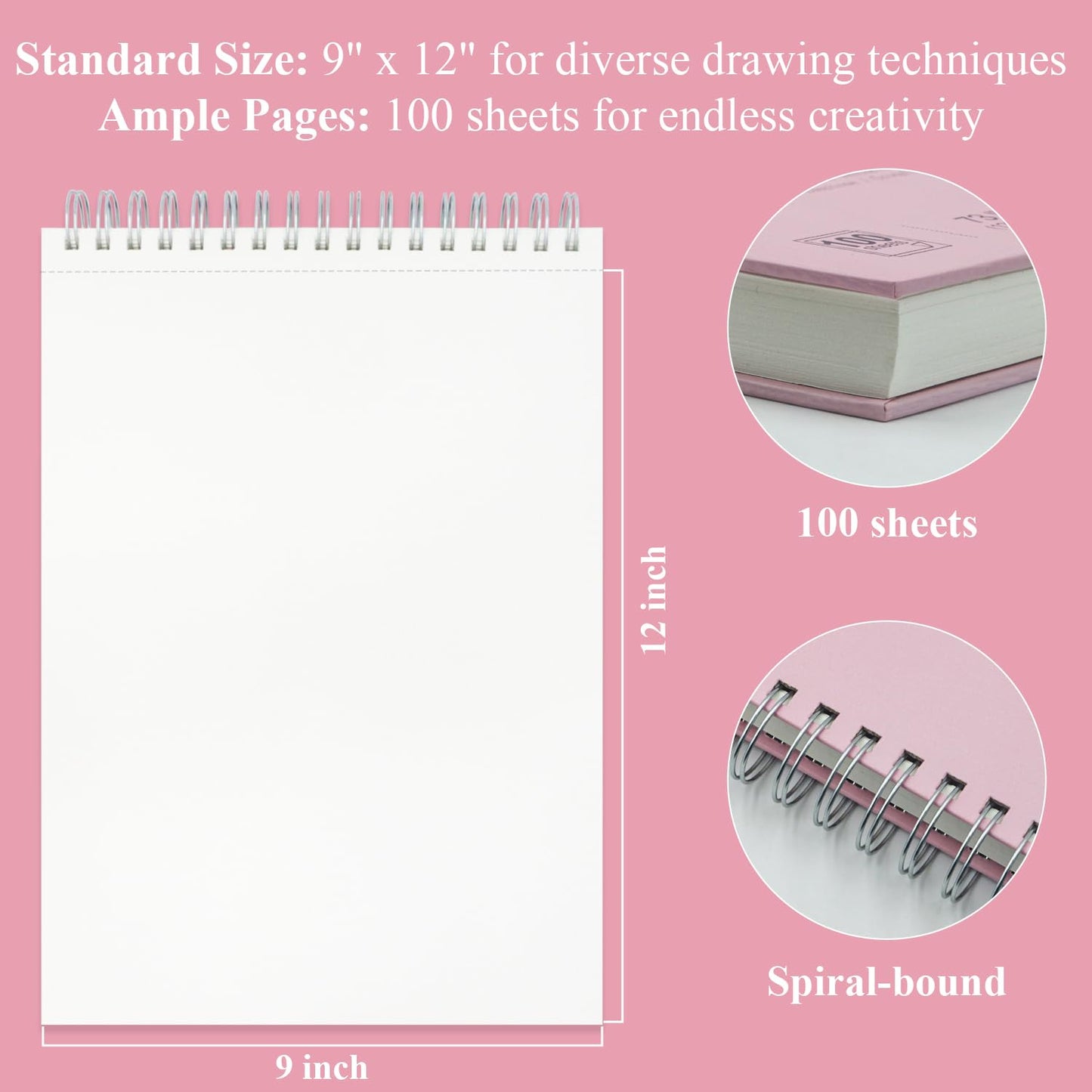 9 x 12 inches Sketch Book, Top Spiral Bound Sketch Pad, 1 Pack 100-Sheets (68lb/100gsm), Acid Free Art Sketchbook Artistic Drawing Painting Writing Paper for Kids Adults Beginners Artists