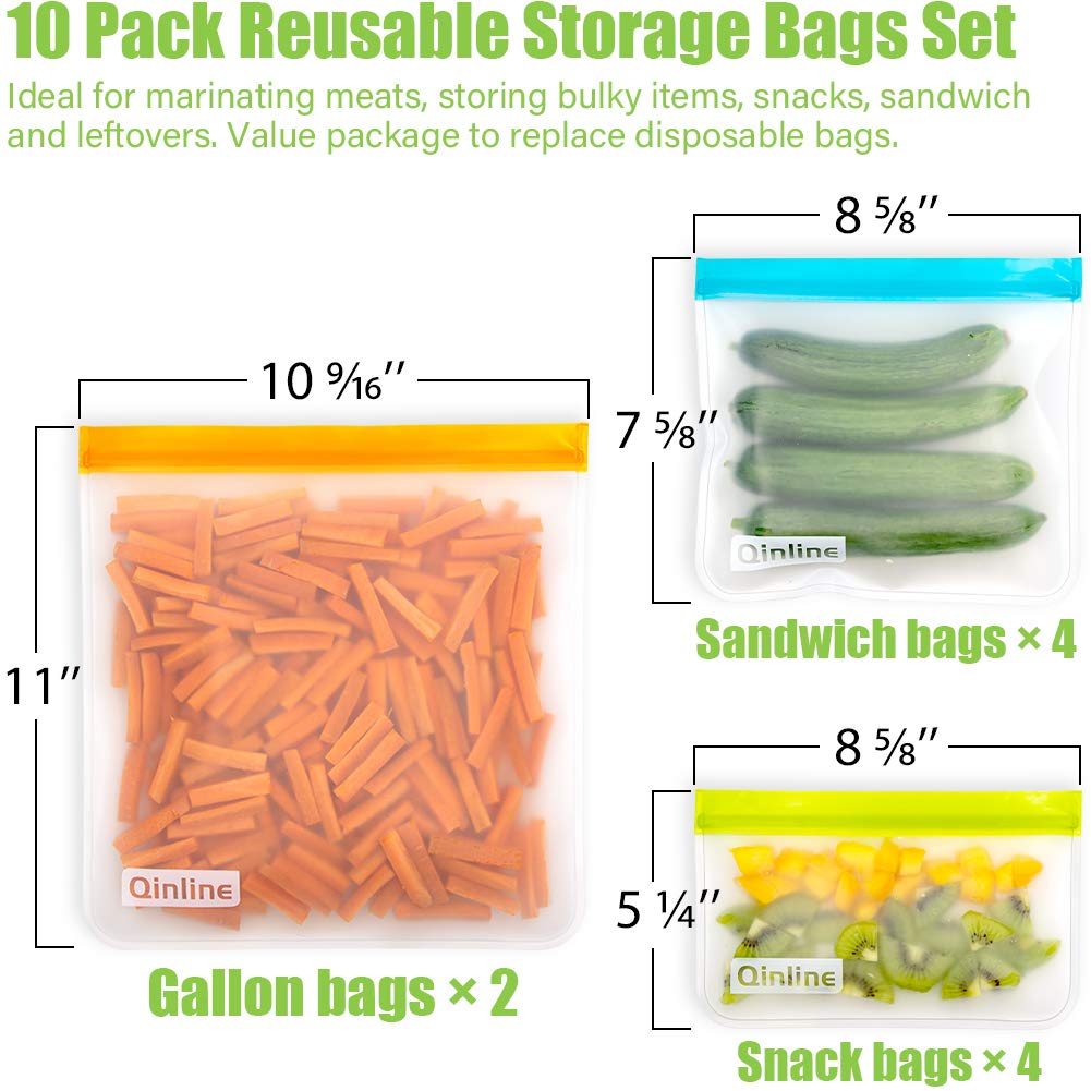 Qinline Reusable Food Storage Bags - 10 Pack Dishwasher Safe Freezer Bags, BPA Free Reusable Bags Silicone, Leakproof Reusable Lunch Bag for Salad Fruit Travel - 2 Gallon 4 Sandwich 4 Snack Bags