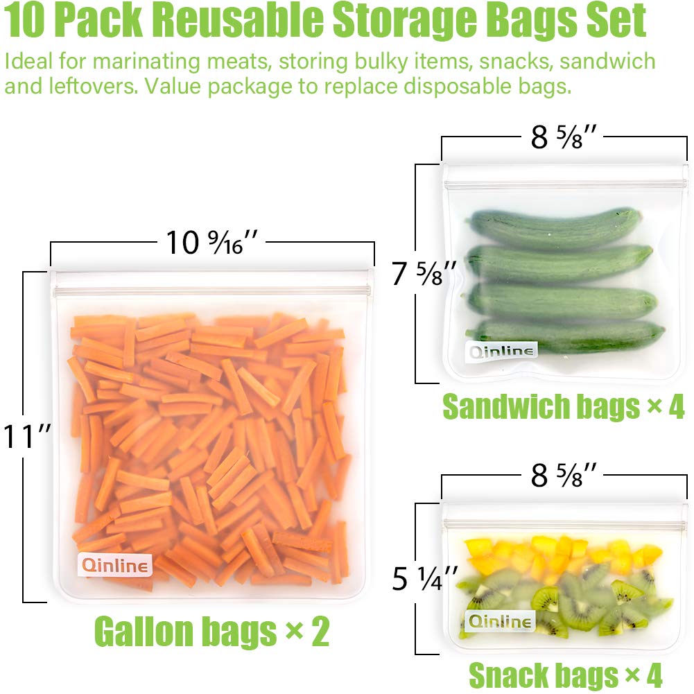 Qinline Reusable Food Storage Bags - 10 Pack Dishwasher Safe Freezer Bags, BPA Free Reusable Bags Silicone, Leakproof Reusable Lunch Bag for Salad Fruit Travel - 2 Gallon 4 Sandwich 4 Snack Bags