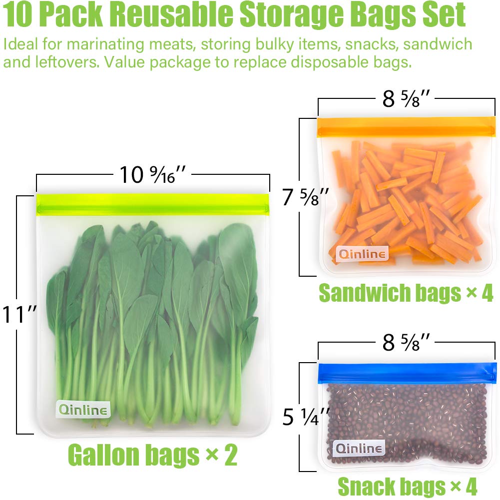 Qinline Reusable Food Storage Bags - 10 Pack Dishwasher Safe Freezer Bags, BPA Free Reusable Bags Silicone, Leakproof Reusable Lunch Bag for Salad Fruit Travel - 2 Gallon 4 Sandwich 4 Snack Bags