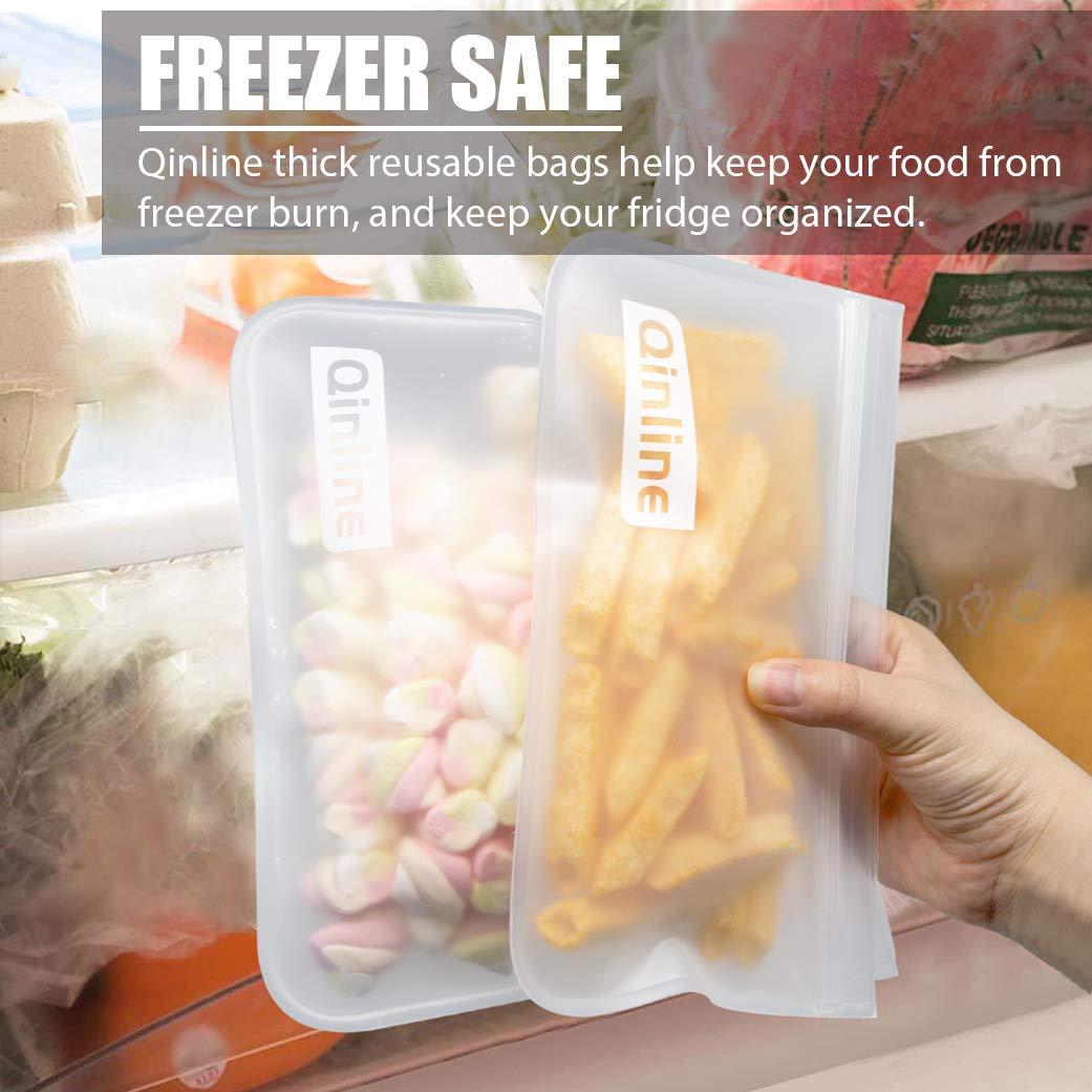 Qinline Reusable Food Storage Bags - 10 Pack Dishwasher Safe Freezer Bags, BPA Free Reusable Bags Silicone, Leakproof Reusable Lunch Bag for Salad Fruit Travel - 2 Gallon 4 Sandwich 4 Snack Bags