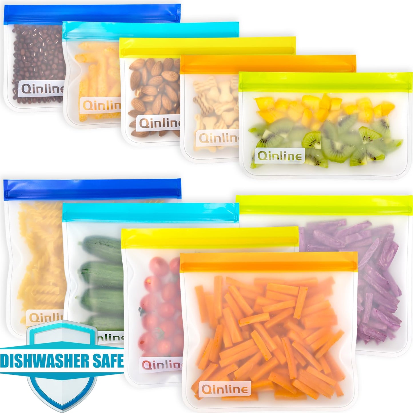 Qinline Reusable Food Storage Bags - 10 Pack Dishwasher Safe Freezer Bags, BPA Free Reusable Bags Silicone, Leakproof Reusable Lunch Bag for Salad Fruit Travel - 2 Gallon 4 Sandwich 4 Snack Bags