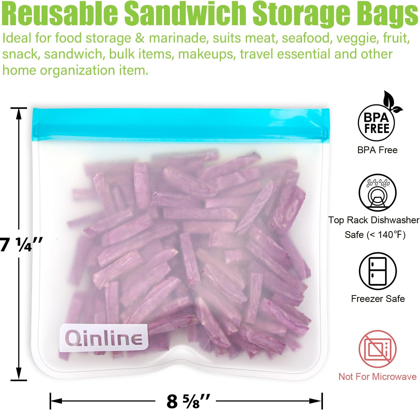 Qinline Reusable Food Storage Bags - 10 Pack Dishwasher Safe Freezer Bags, BPA Free Reusable Bags Silicone, Leakproof Reusable Lunch Bag for Salad Fruit Travel - 2 Gallon 4 Sandwich 4 Snack Bags