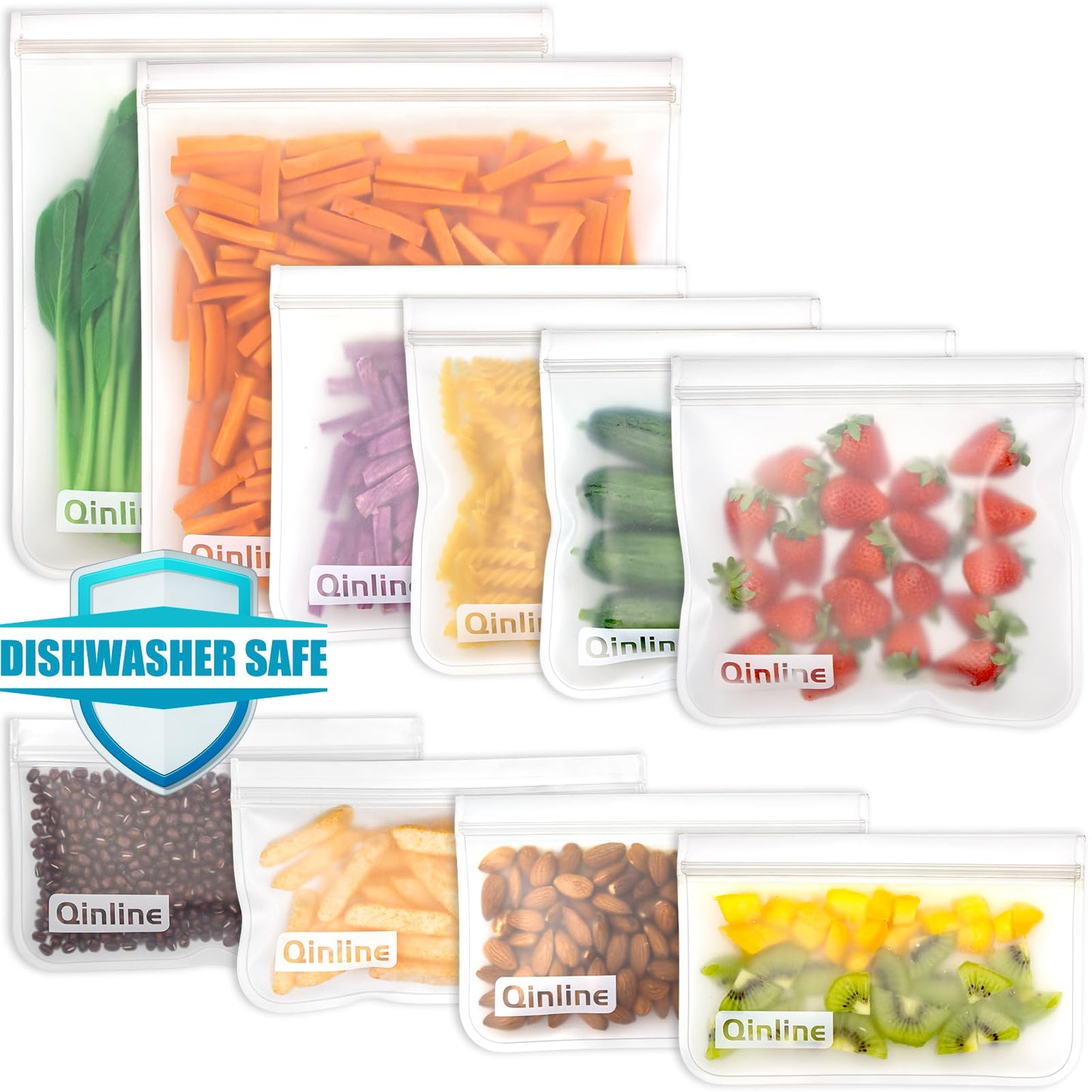 Qinline Reusable Food Storage Bags - 10 Pack Dishwasher Safe Freezer Bags, BPA Free Reusable Bags Silicone, Leakproof Reusable Lunch Bag for Salad Fruit Travel - 2 Gallon 4 Sandwich 4 Snack Bags