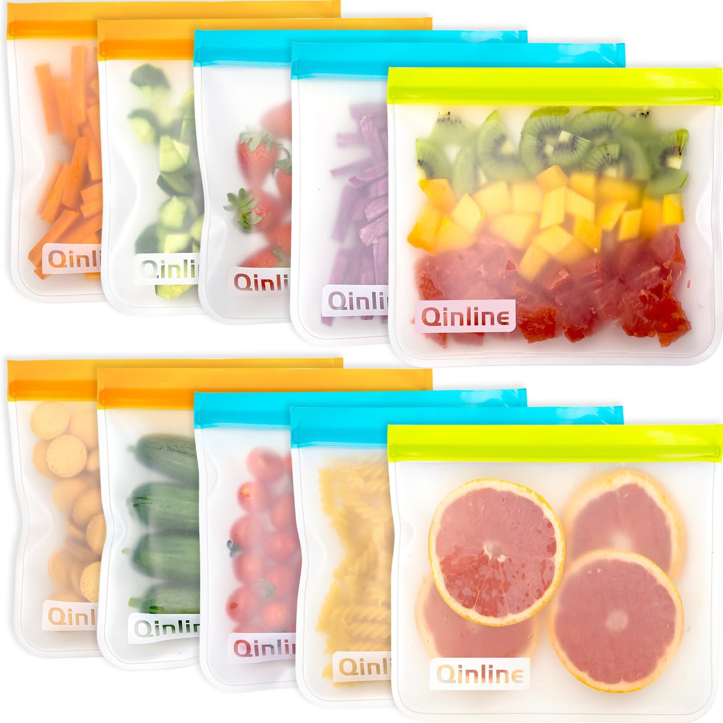 Qinline Reusable Food Storage Bags - 10 Pack Dishwasher Safe Freezer Bags, BPA Free Reusable Bags Silicone, Leakproof Reusable Lunch Bag for Salad Fruit Travel - 2 Gallon 4 Sandwich 4 Snack Bags