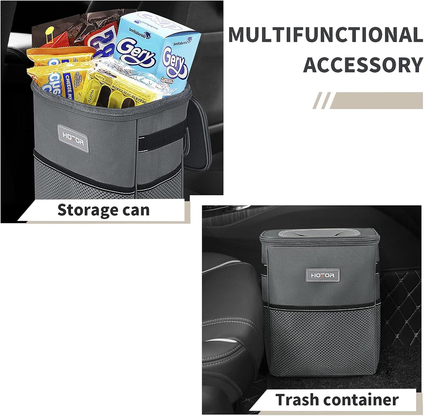 HOTOR Car Trash Can with Lid and Storage Pockets - 100% Leak-Proof Organizer, Waterproof Garbage Can, Multipurpose Trash Bin for Car, 2 Gallons, Black