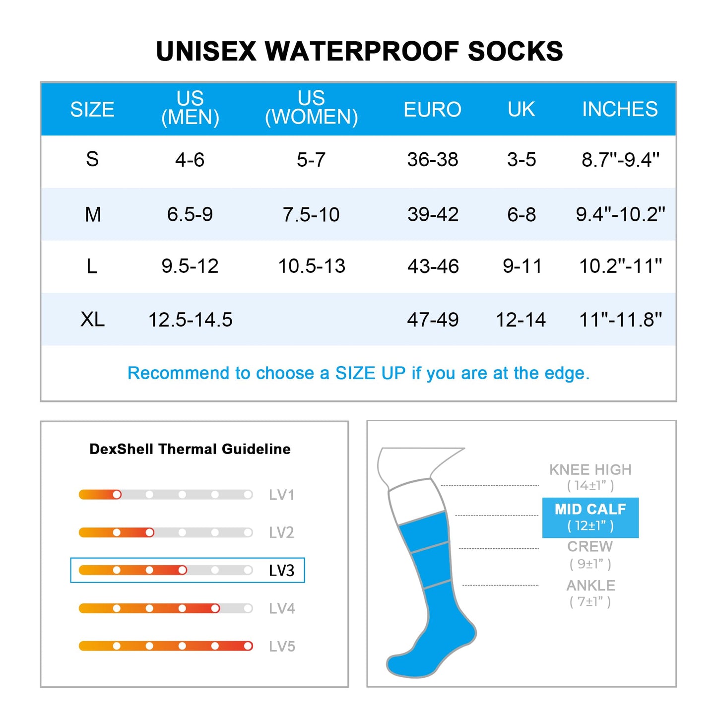 DexShell Waterproof Socks for Men and Women Membrane Insulated Thermal Mid Calf for Cold Weather Hiking Hunting Activities