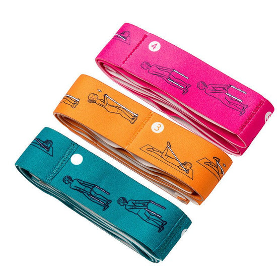 Colorful yoga stretch bands with exercise illustrations for resistance training