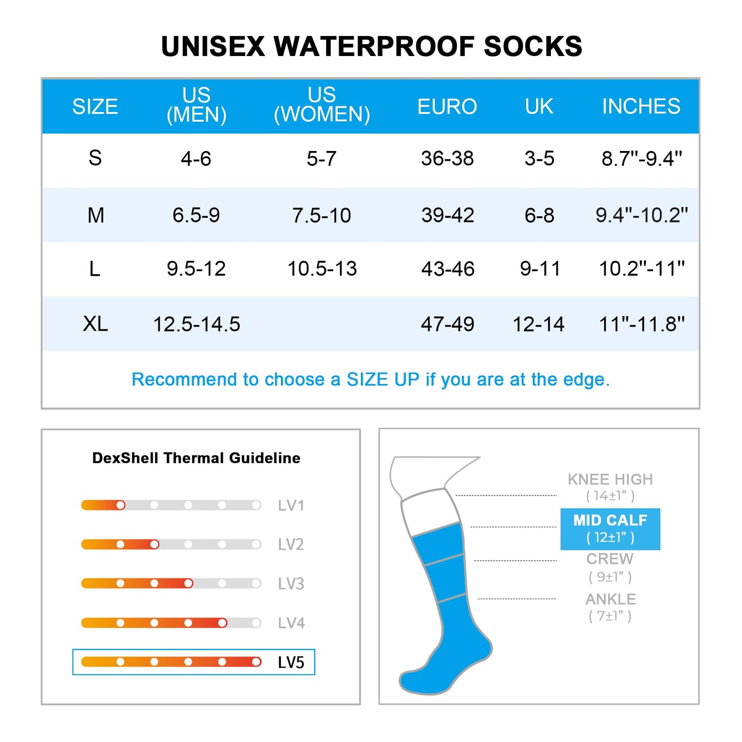 DexShell Waterproof Socks for Men and Women Membrane Insulated Thermal Mid Calf for Cold Weather Hiking Hunting Activities