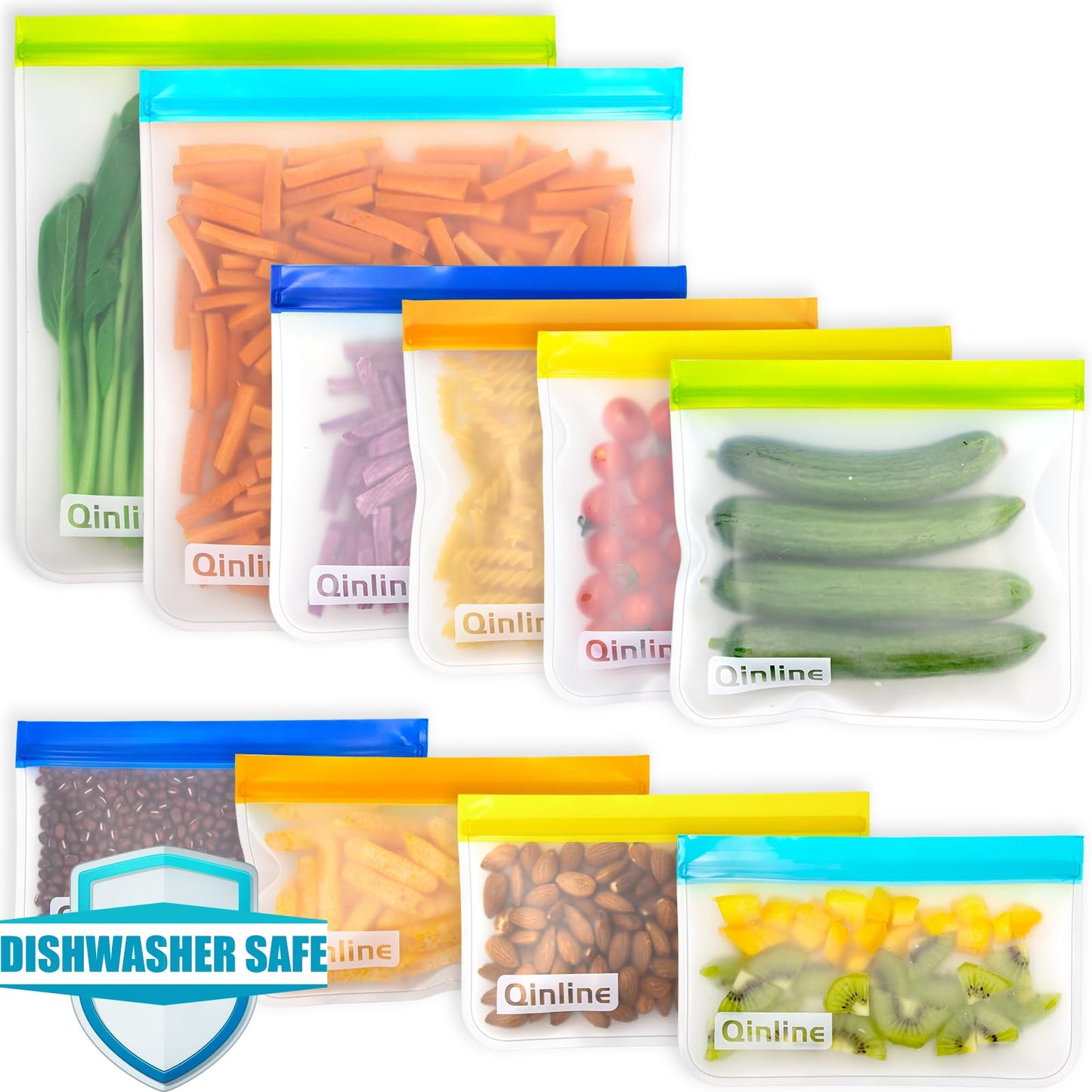 Qinline Reusable Food Storage Bags - 10 Pack Dishwasher Safe Freezer Bags, BPA Free Reusable Bags Silicone, Leakproof Reusable Lunch Bag for Salad Fruit Travel - 2 Gallon 4 Sandwich 4 Snack Bags