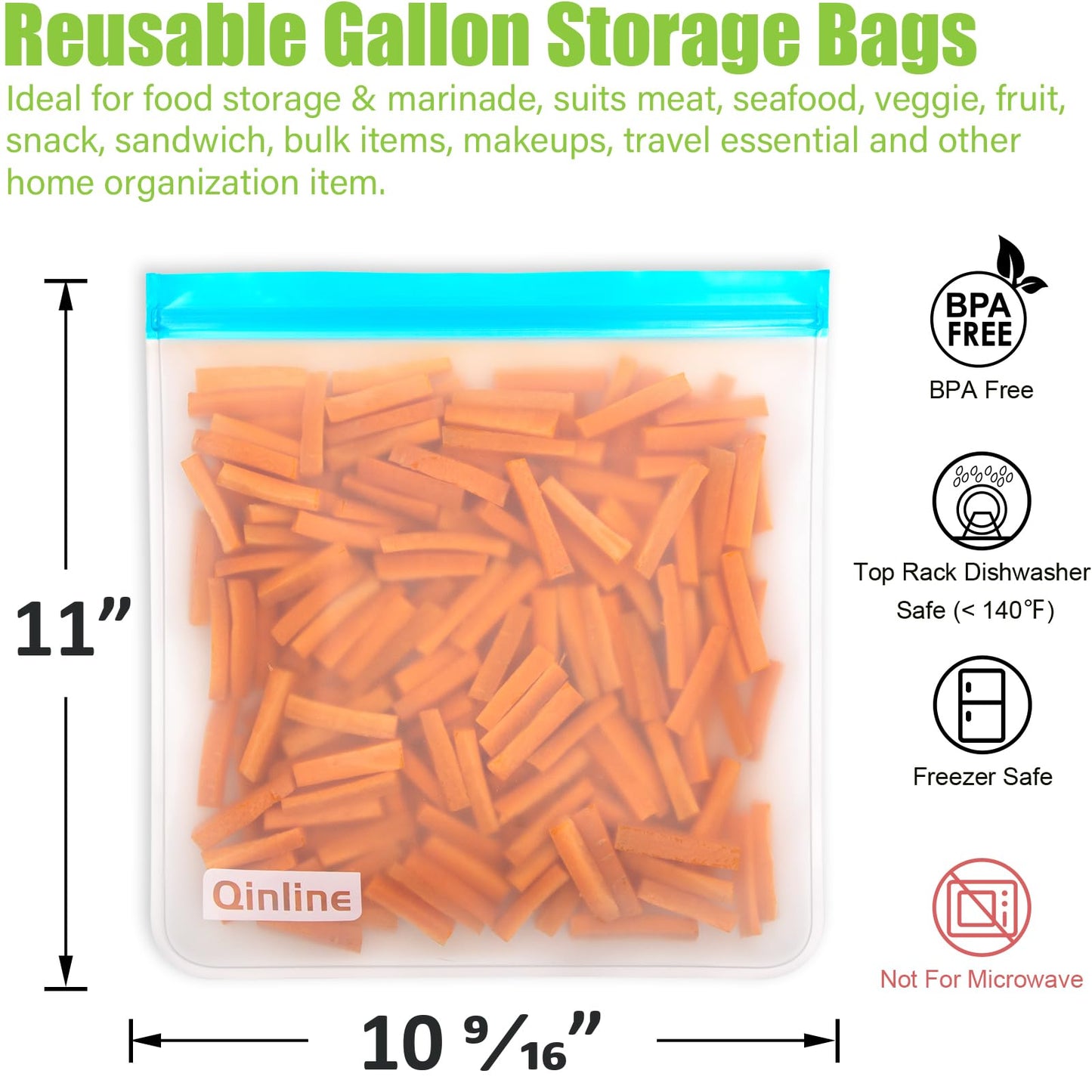 Qinline Reusable Food Storage Bags - 10 Pack Dishwasher Safe Freezer Bags, BPA Free Reusable Bags Silicone, Leakproof Reusable Lunch Bag for Salad Fruit Travel - 2 Gallon 4 Sandwich 4 Snack Bags