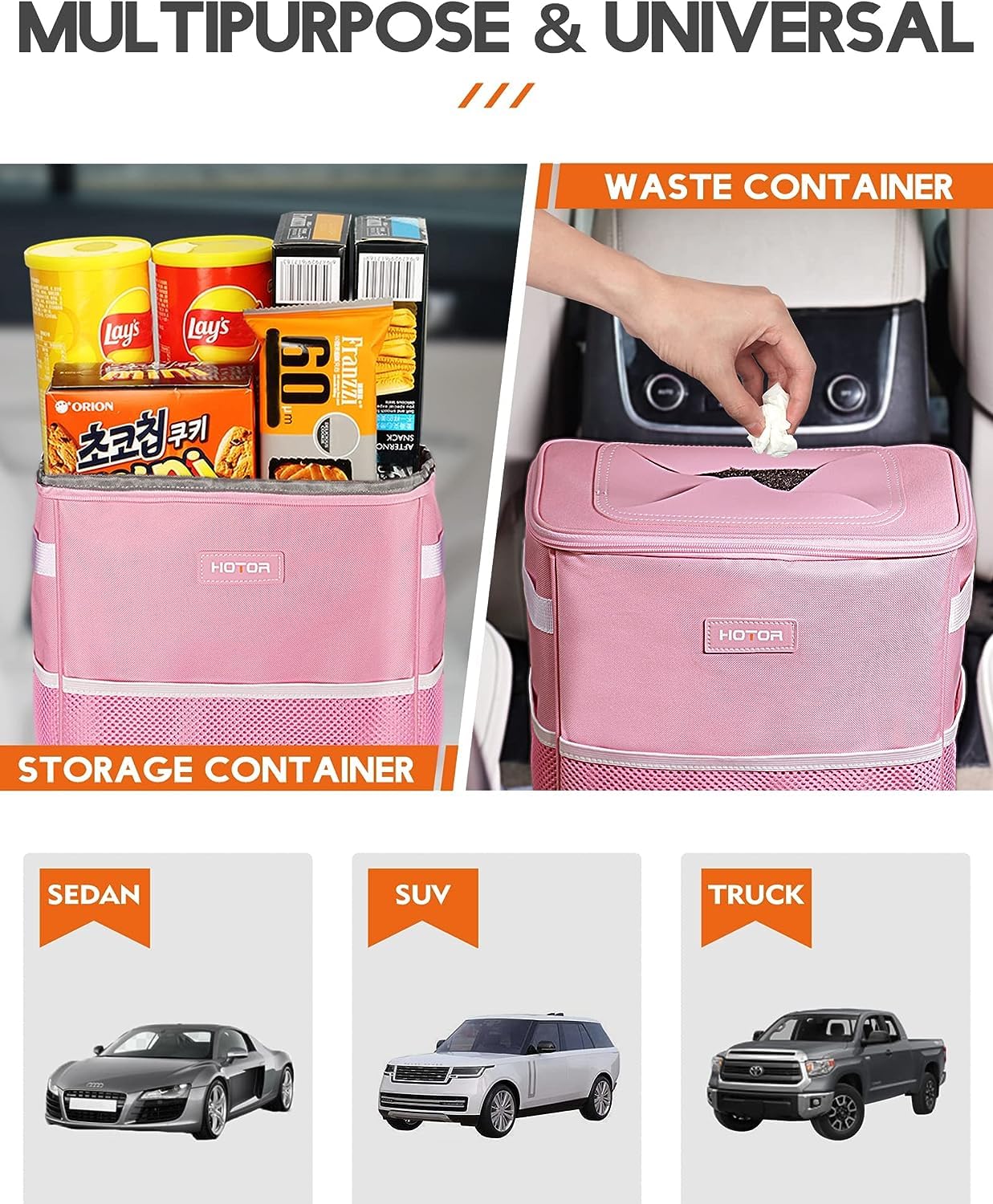 HOTOR Car Trash Can with Lid and Storage Pockets - 100% Leak-Proof Organizer, Waterproof Garbage Can, Multipurpose Trash Bin for Car, 2 Gallons, Black