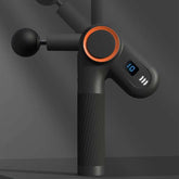 USB rechargeable massage gun with LED screen and multi-gear adjustment in black and orange design