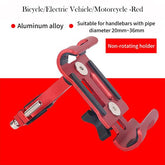 Red aluminum alloy mobile phone mount for mountain bike handlebars 20-36mm diameter, non-rotating holder