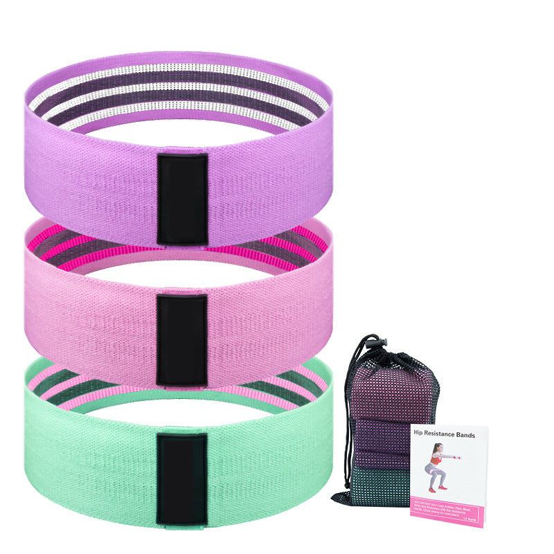 Fabric resistance bands set in purple, pink, and lake blue with a carrying mesh bag and exercise guide for fitness and health training.