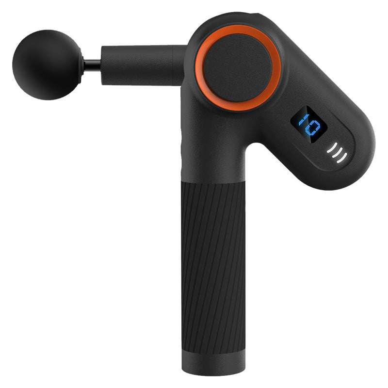 USB rechargeable black massage gun with rotatable angle and LED display