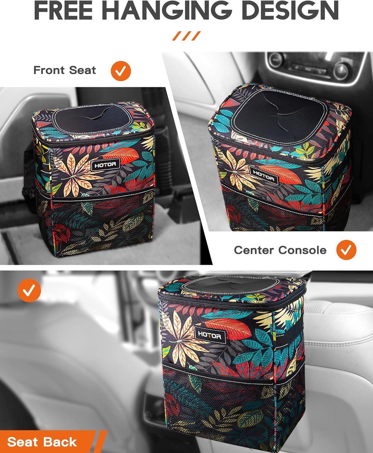 HOTOR Car Trash Can with Lid and Storage Pockets - 100% Leak-Proof Organizer, Waterproof Garbage Can, Multipurpose Trash Bin for Car, 2 Gallons, Black