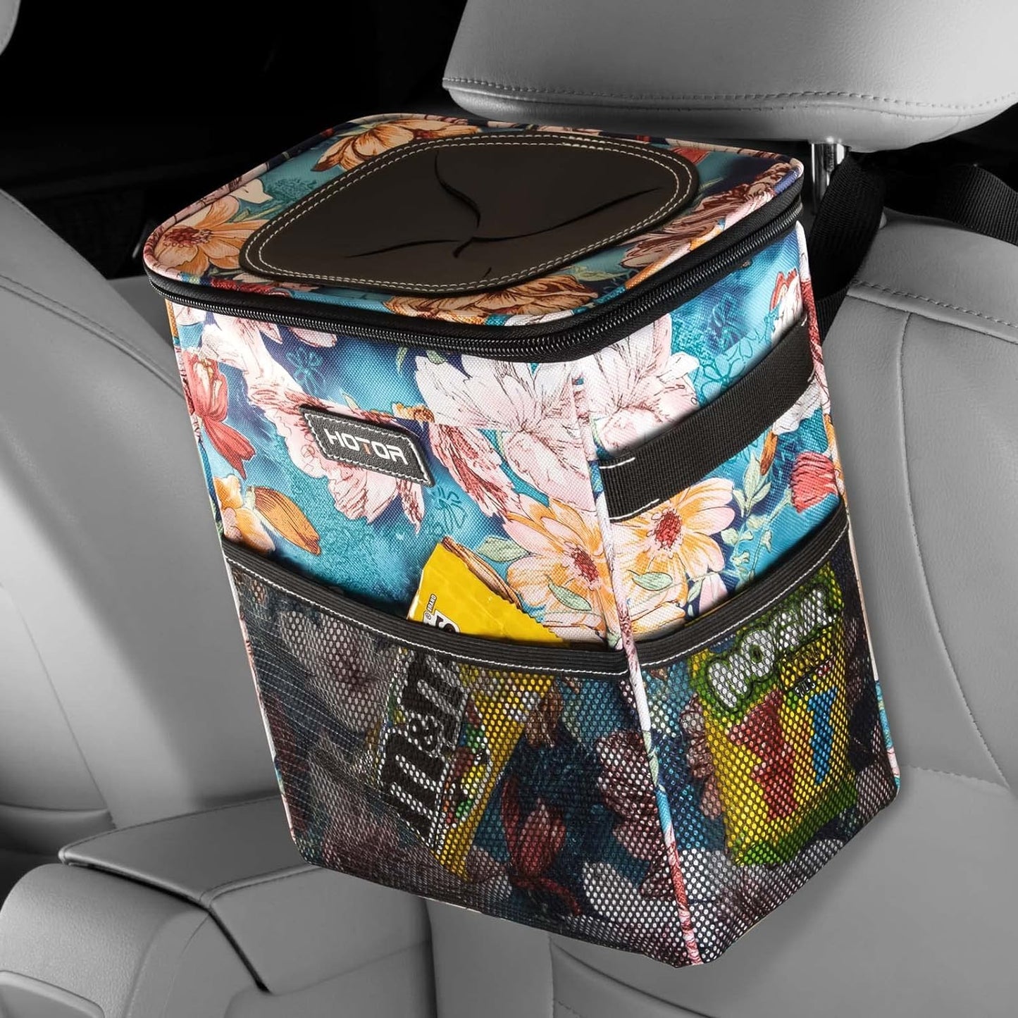 HOTOR Car Trash Can with Lid and Storage Pockets - 100% Leak-Proof Organizer, Waterproof Garbage Can, Multipurpose Trash Bin for Car, 2 Gallons, Black