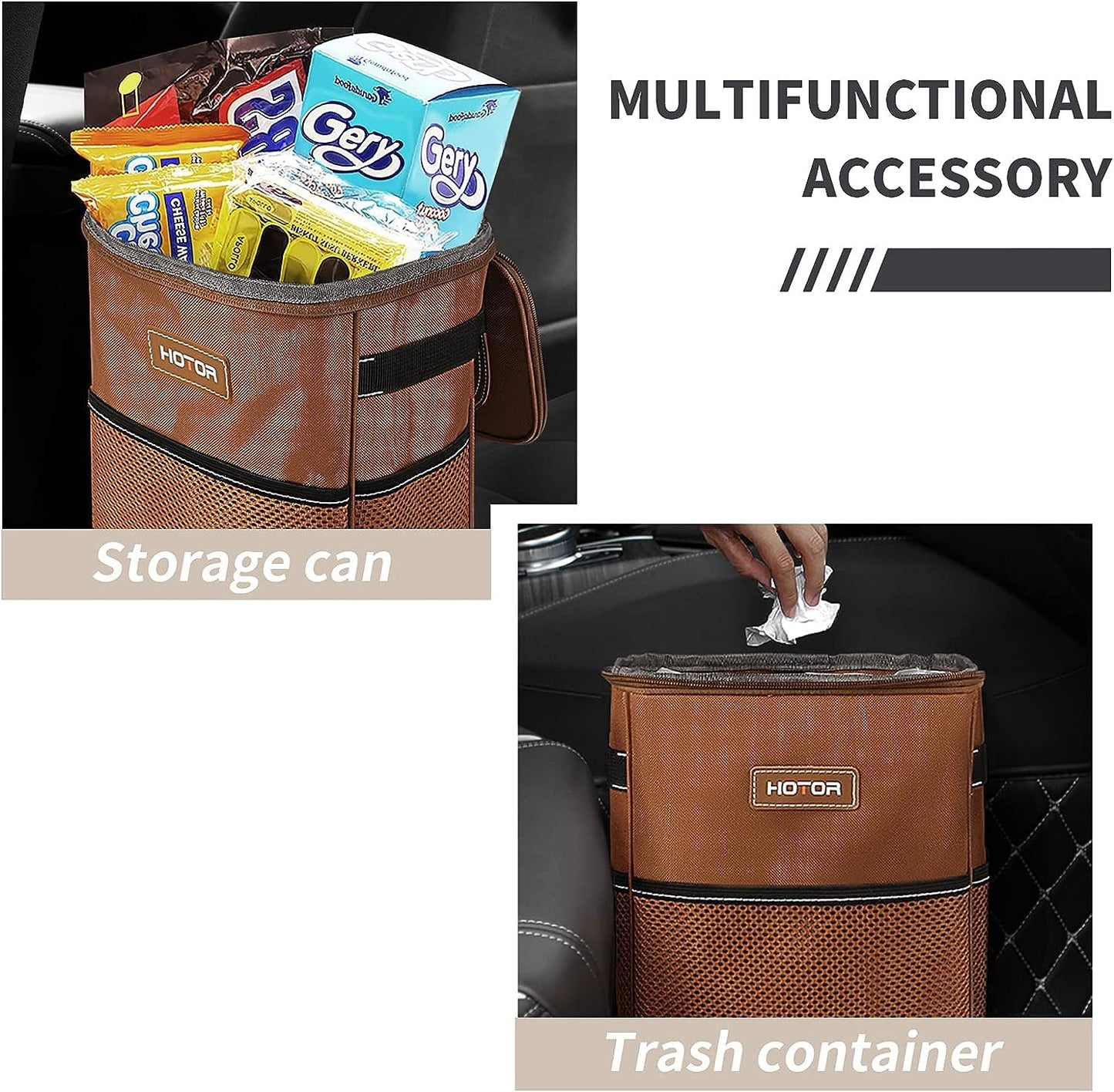 HOTOR Car Trash Can with Lid and Storage Pockets - 100% Leak-Proof Organizer, Waterproof Garbage Can, Multipurpose Trash Bin for Car, 2 Gallons, Black