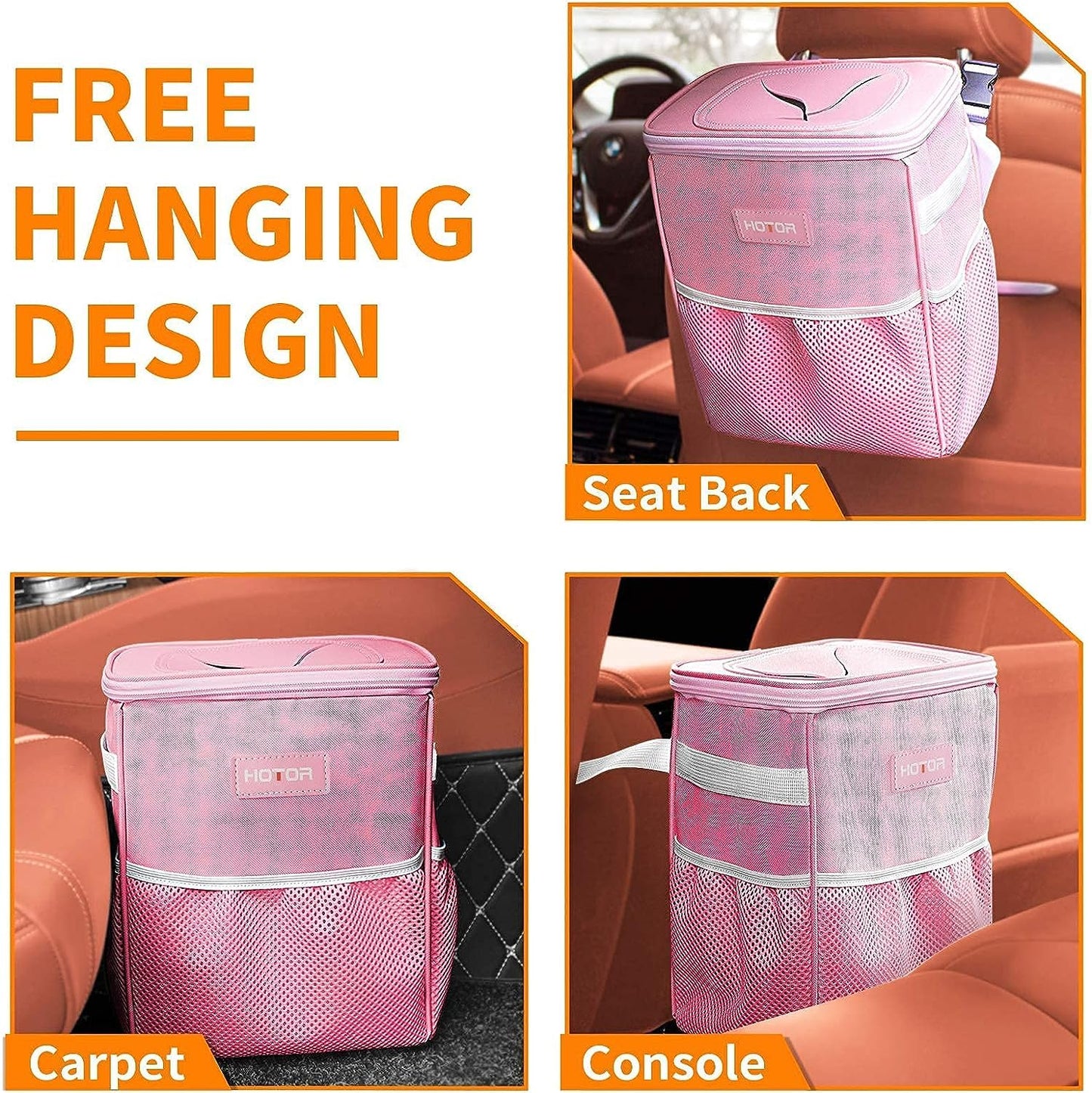 HOTOR Car Trash Can with Lid and Storage Pockets - 100% Leak-Proof Organizer, Waterproof Garbage Can, Multipurpose Trash Bin for Car, 2 Gallons, Black