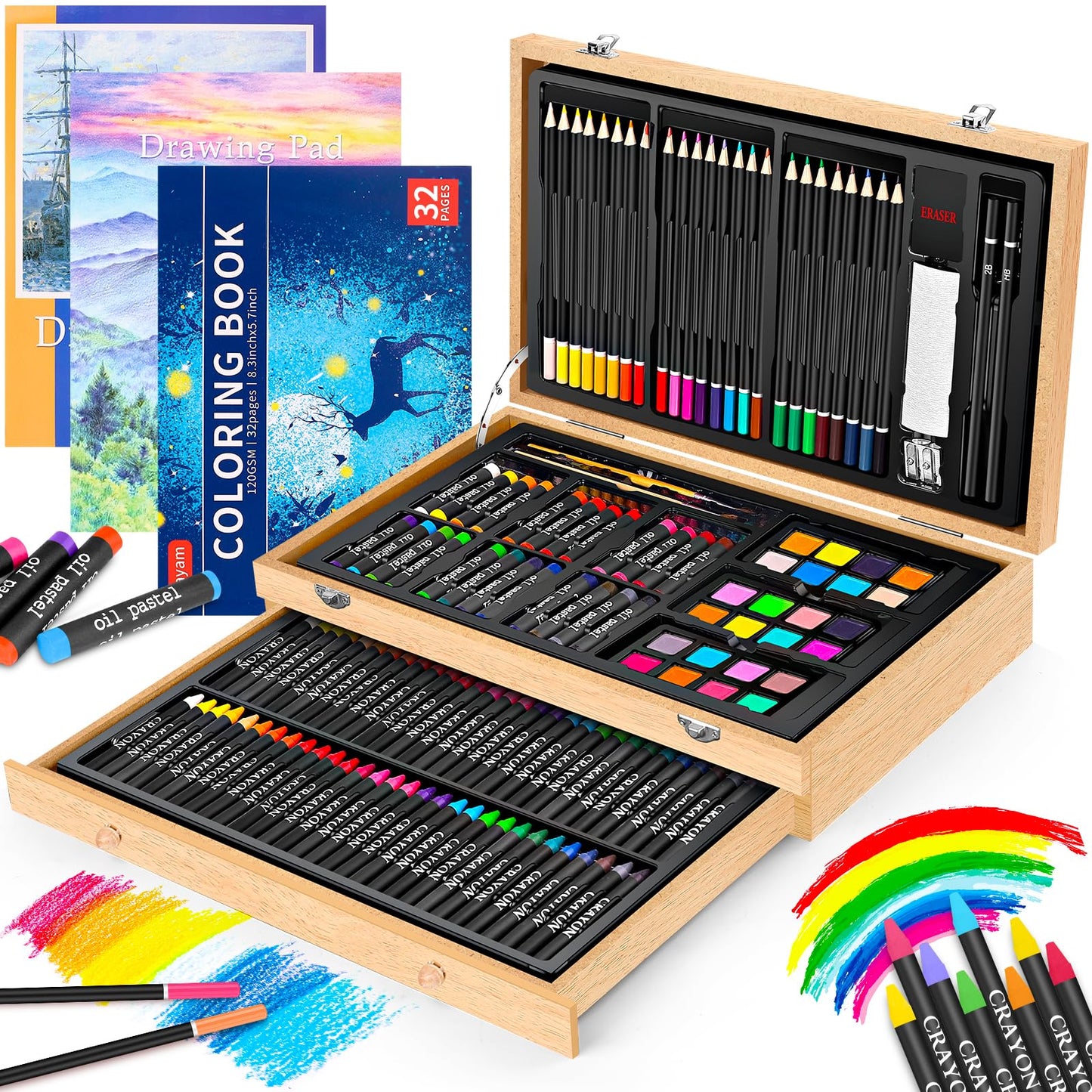 iBayam Art Supplies, 150-Pack Deluxe Wooden Art Set Crafts Drawing Painting Kit with 1 Coloring Book, 2 Sketch Pads, Creative Gift Box for Adults Artist Beginners Kids Girls Boys