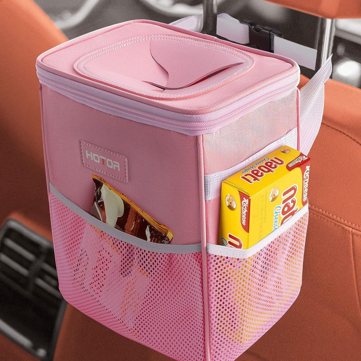 HOTOR Car Trash Can with Lid and Storage Pockets - 100% Leak-Proof Organizer, Waterproof Garbage Can, Multipurpose Trash Bin for Car, 2 Gallons, Black